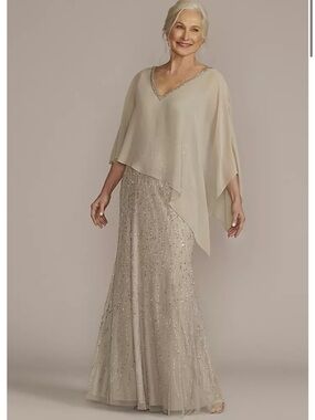 Oleg Cassini Silver Beaded Cape Dress Size 6 Formal Evening Gown NWT
